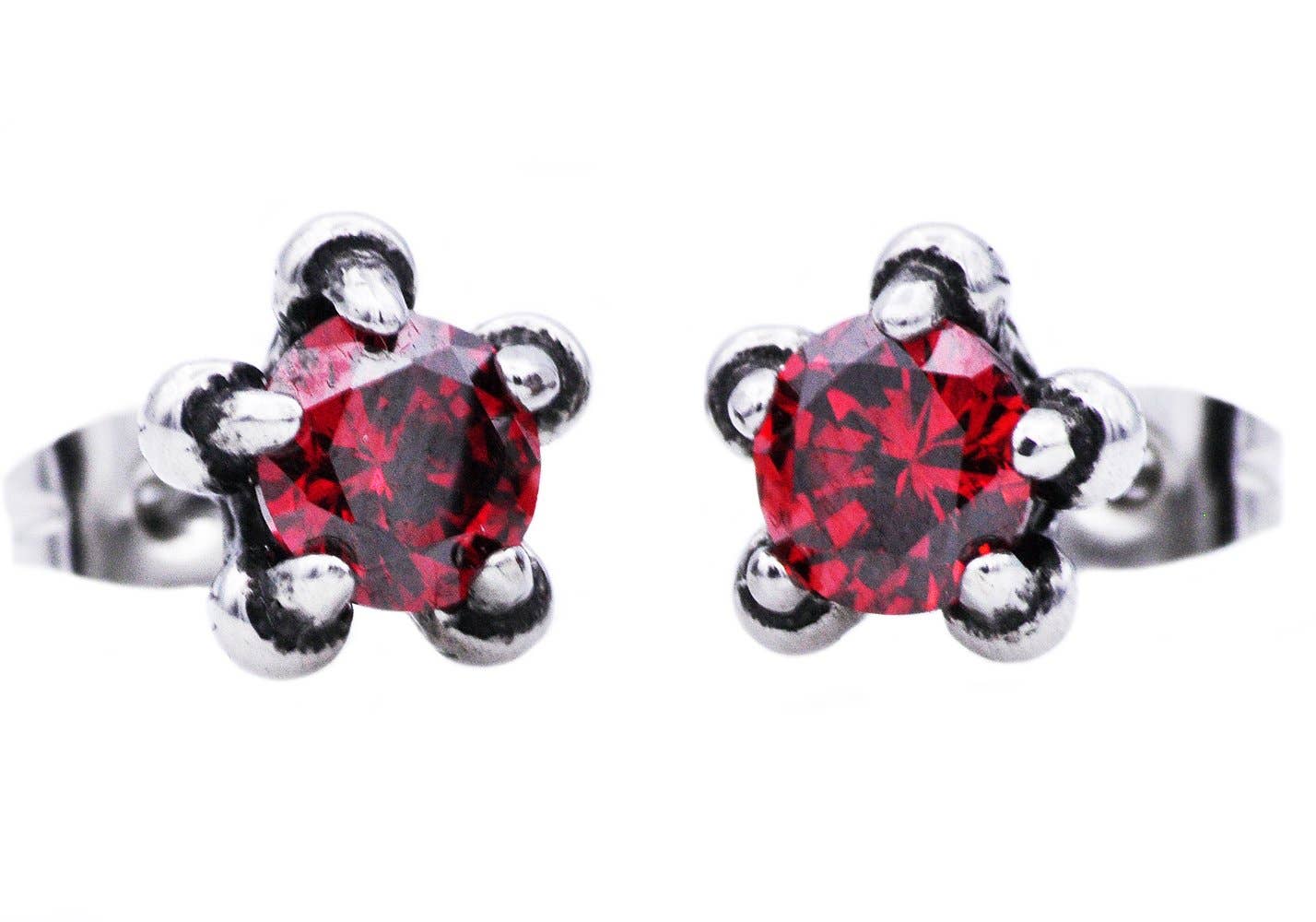 Men's Earrings  - 10mm Stainless Steel Red Zirconia Claw Stud Earrings