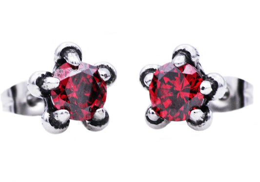 Men's Earrings  - 10mm Stainless Steel Red Zirconia Claw Stud Earrings
