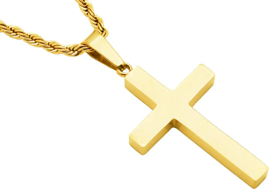 Men's Gold Stainless Steel Cross Pendant & Rope Chain (24")