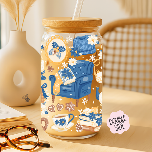 Love Blue -  Bookish Library style Glass Cup (16 OZ)