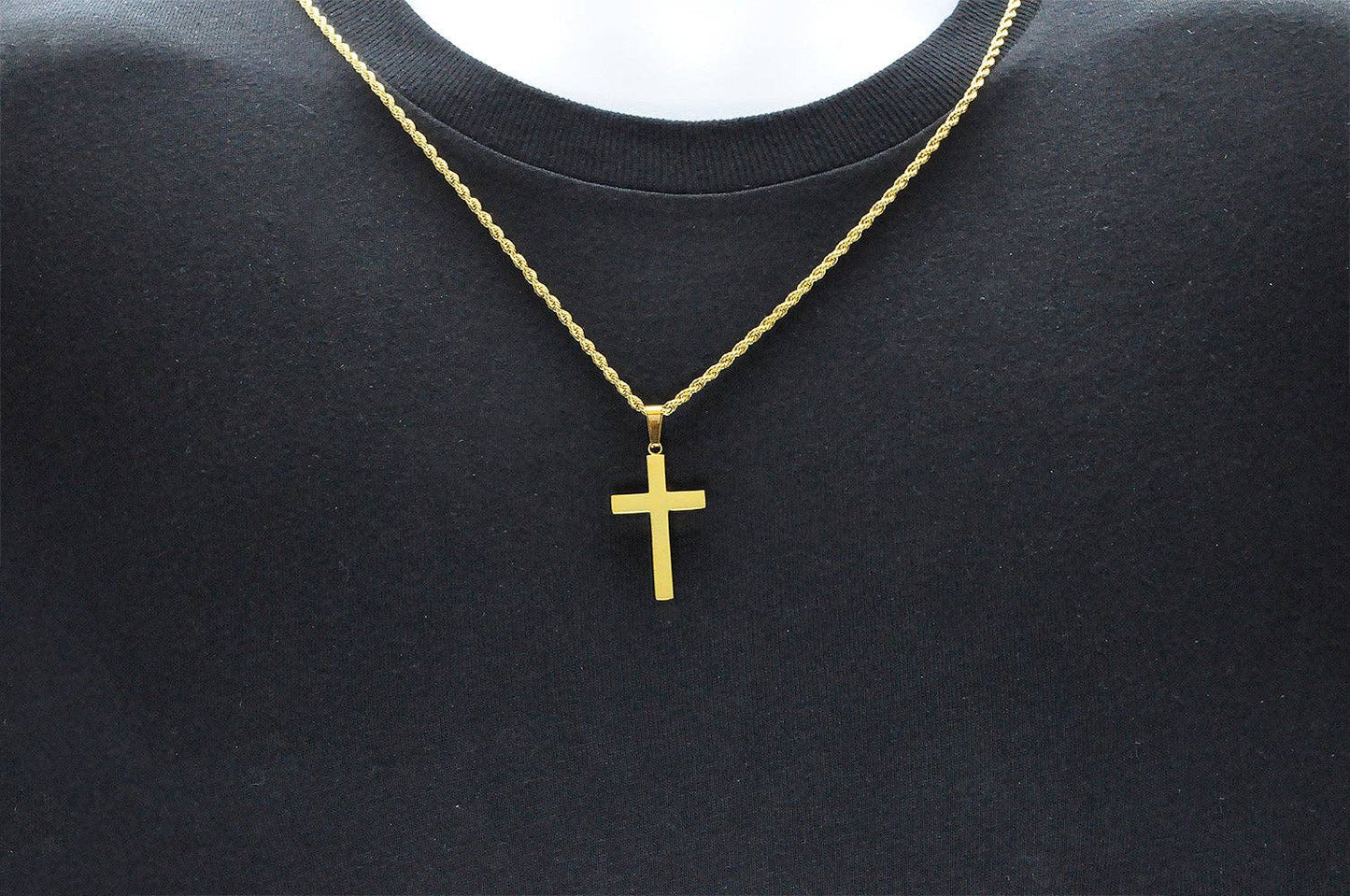 Men's Gold Stainless Steel Cross Pendant & Rope Chain (24")