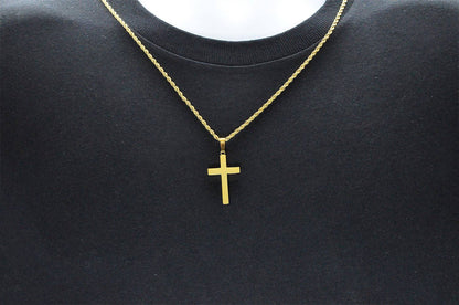 Men's Gold Stainless Steel Cross Pendant & Rope Chain (24")